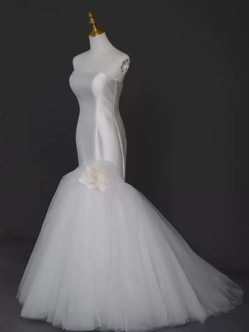 Tulle Mermaid Wedding Gown - Strapless Wedding Dress with Tulle Skirt - Satin Wedding Dress with Floral Detail Plus Size